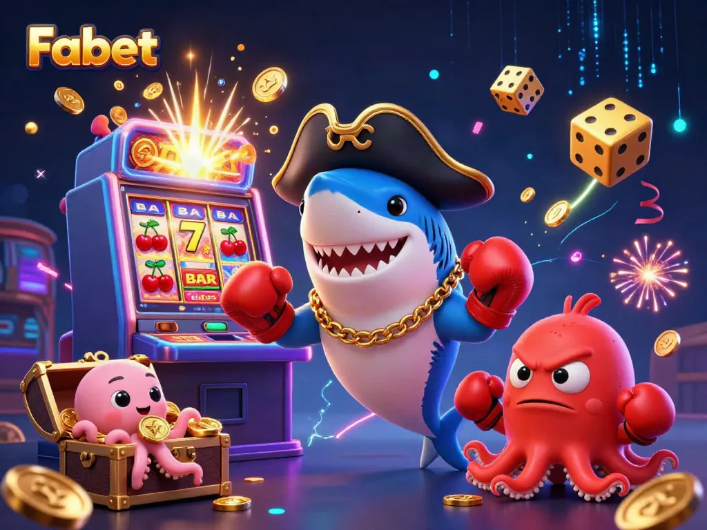 Fabet showcases a vibrant illustration of a pirate shark, pufferfish, and octopus in a casino scene bursting with colorful gaming elements.