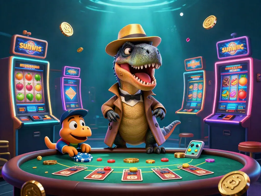Experience thrilling gameplay with sunwin in a vibrant casino scene featuring a card counting velociraptor.