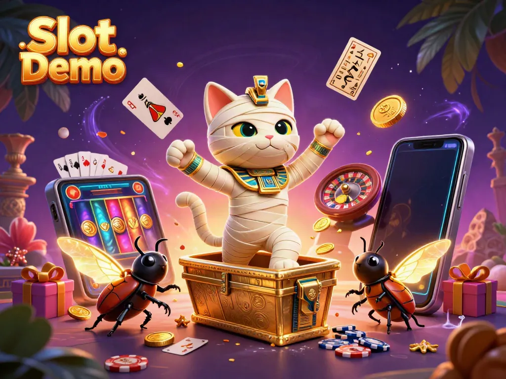 Experience the thrilling Slot Demo with an Egyptian mummy cat and vibrant casino elements.