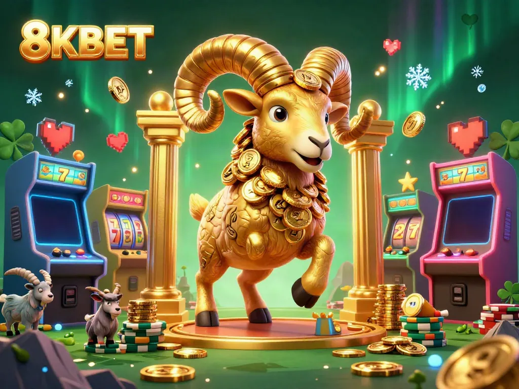 Engage in thrilling casino action with 8KBET's vibrant golden ram charging through a dazzling gaming environment.