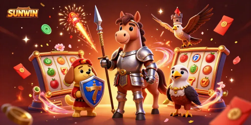 Experience epic gaming adventures with the SUNWIN knight, puppy, and falcon in a vibrant casino atmosphere.
