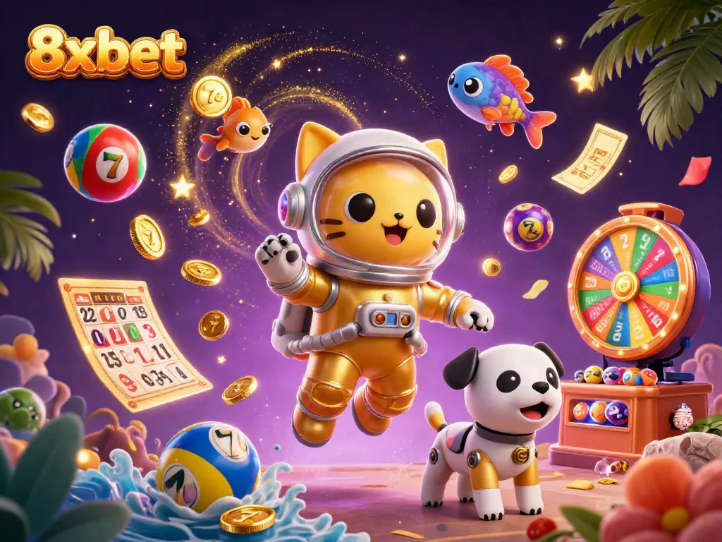 Engage with 8xbet's thrilling slot and lottery action in this colorful illustration