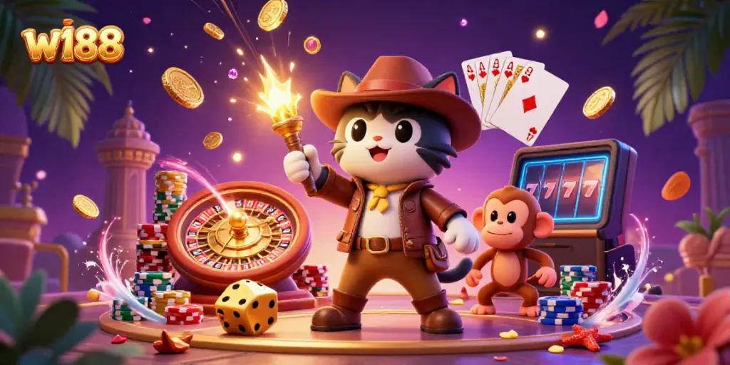 Experience winning thrills at w188 with a vibrant cat and monkey duo exploring a dazzling casino.