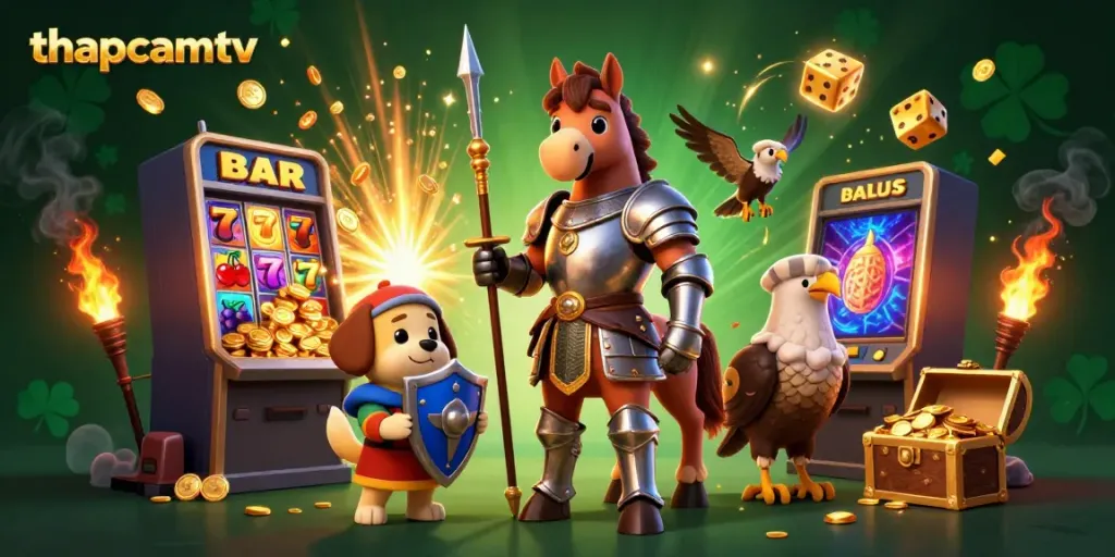 Experience thrilling gaming moments with thapcamtv showcasing knight and puppy beside a jackpot explosion.