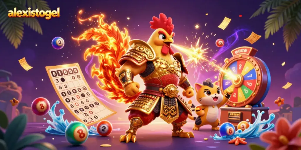Aksi menarik dari alexistogel dengan ayam jantan prajurit dan naga bersinar untuk permainan togel.
