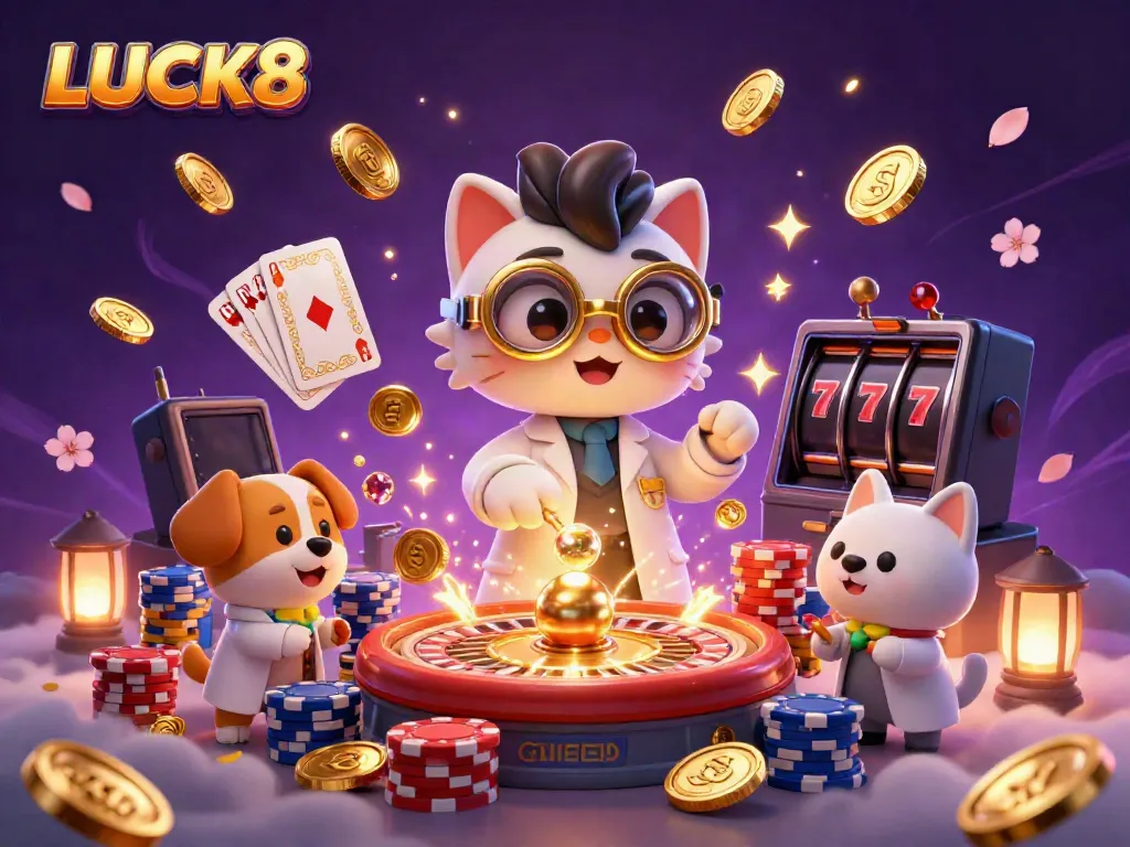 Experience the excitement of LUCK8 with a captivating 3D cartoon illustration showcasing casino themes and vibrant elements.