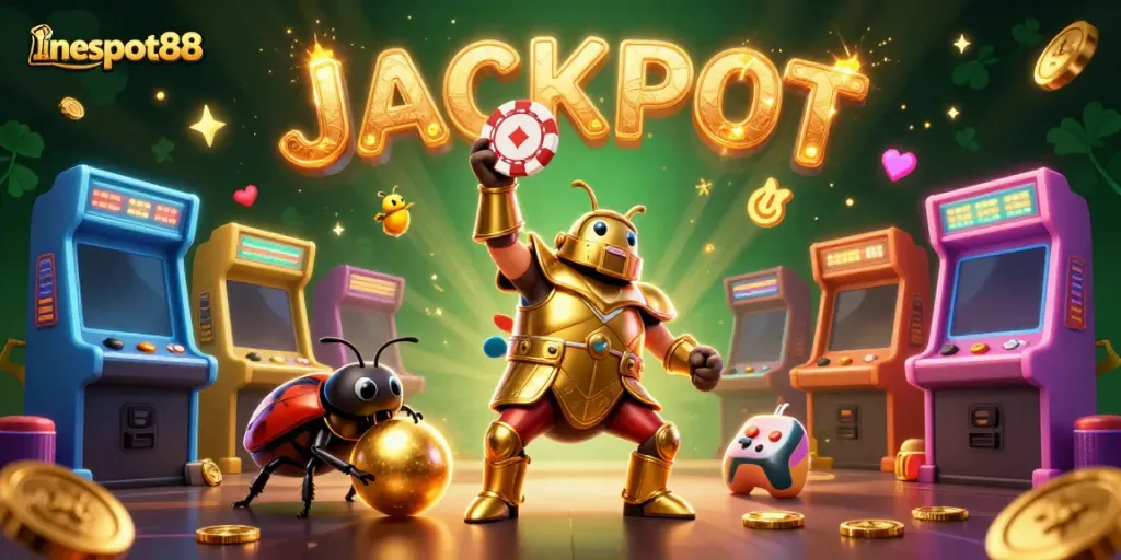 Celebrate wins at lineslot88 in a vibrant 3D illustration with fun characters and casino elements.