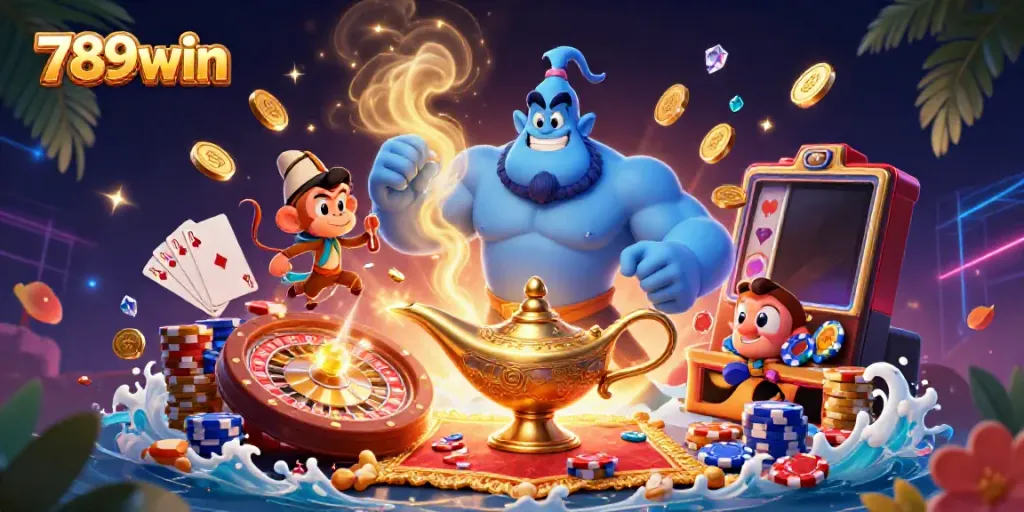 Engage with the 789win casino experience amidst animated characters, vibrant casino elements, and immersive effects.