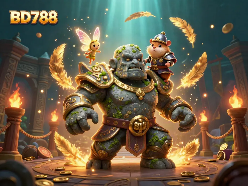 Experience the magic of BD788 with a guardian golem, fairy, and hamster knight in a vibrant casino scene.