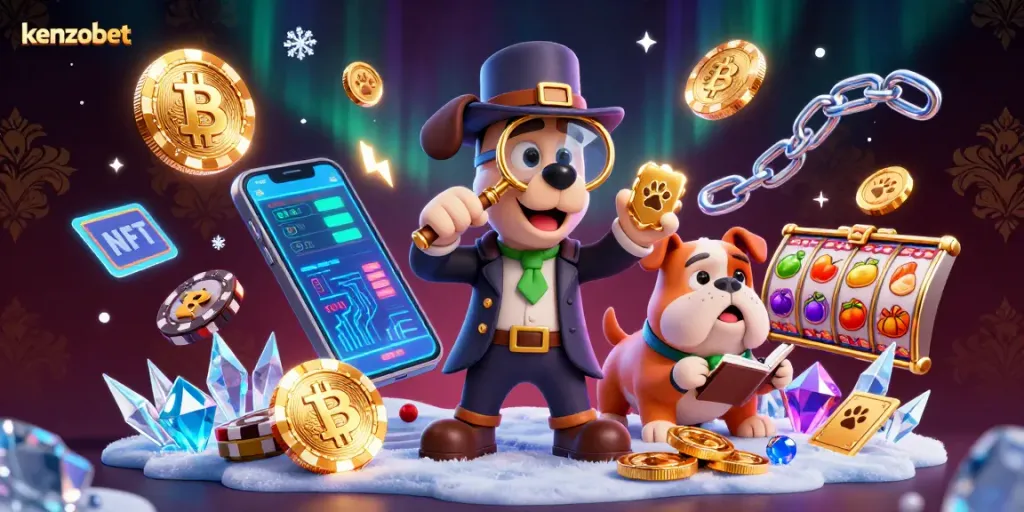 Kenzobet showcases a 3D detective theme playing with poker chips and slot machines, emphasizing exciting online gaming.