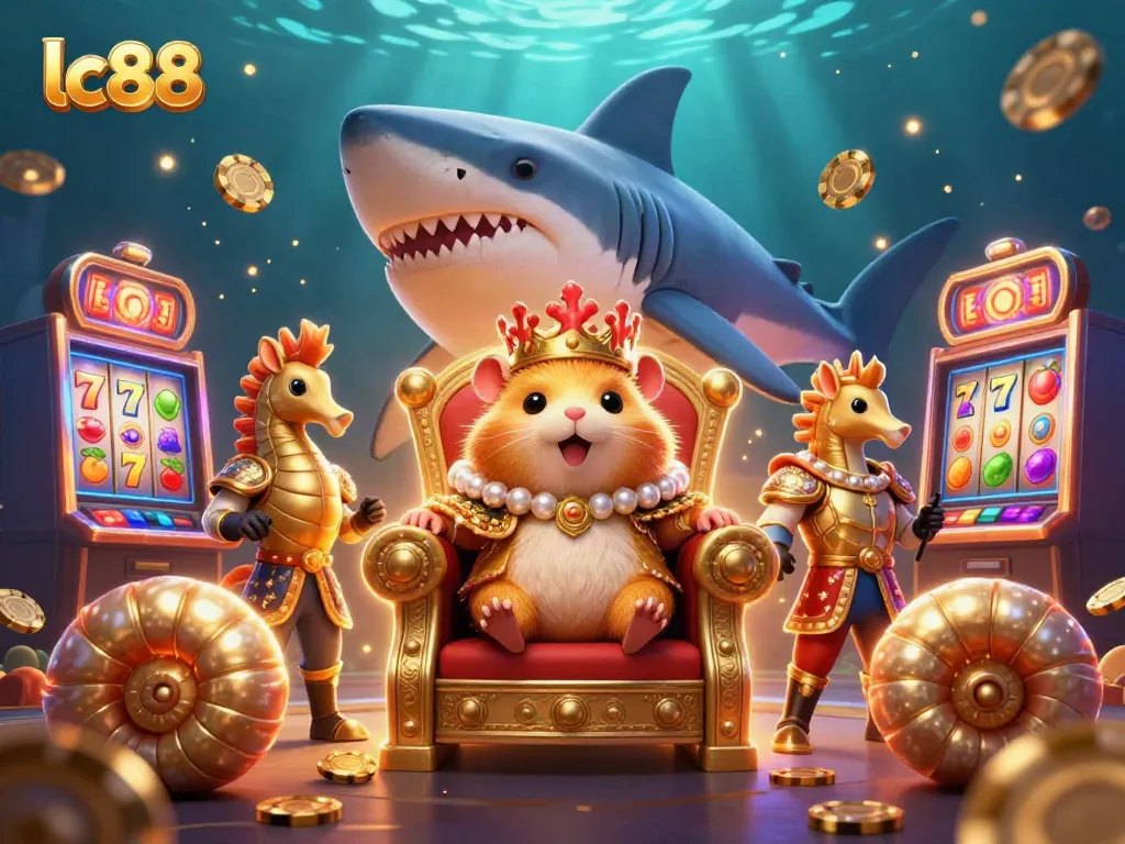 Join the lc88 casino adventure with a fierce hamster king among sparkling slot machines.