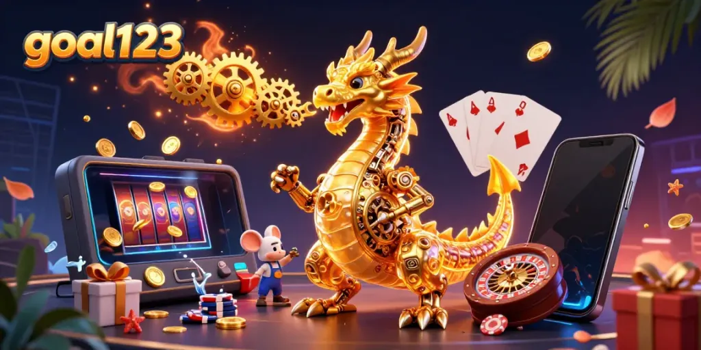Experience goal123 excitement with a vibrant casino scene featuring a golden dragon and gaming elements.