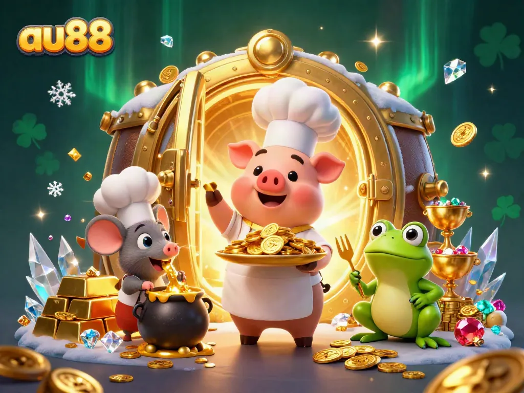 Experience the exciting world of au88 with a chef pig serving gold coins amidst casino treasures.