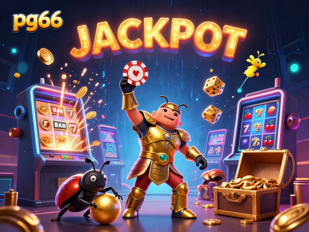 Celebrate wins at pg66 with a 3D illustration of a hercules beetle in golden armor and casino elements.