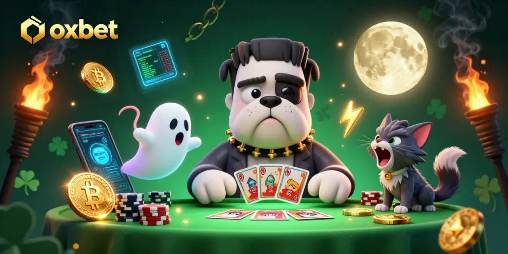 Experience the thrill of oxbet casino with a Frankenstein bulldog and ghost mouse at a vibrant gaming table.