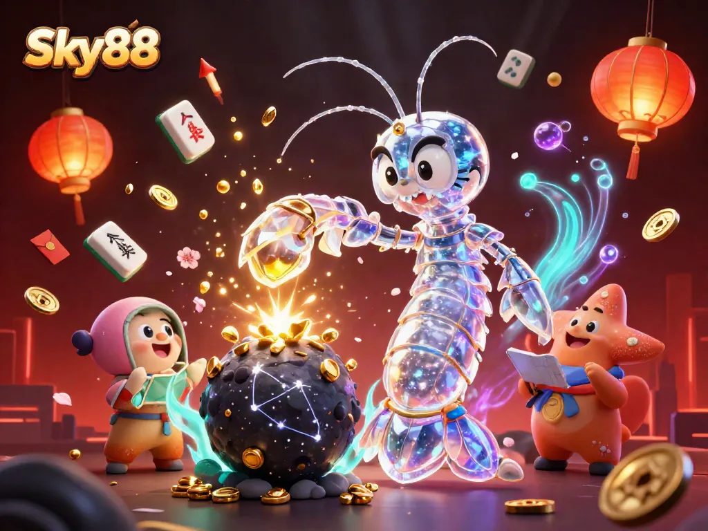 Sky88 features a galactic samurai mantis shrimp amidst golden gems and dynamic casino elements.