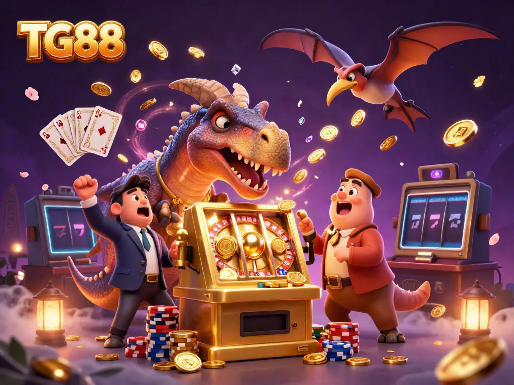 Experience the thrill of TG88 with a cartoon pachycephalosaurus winning big at a slot machine surrounded by gold coins and gaming elements.