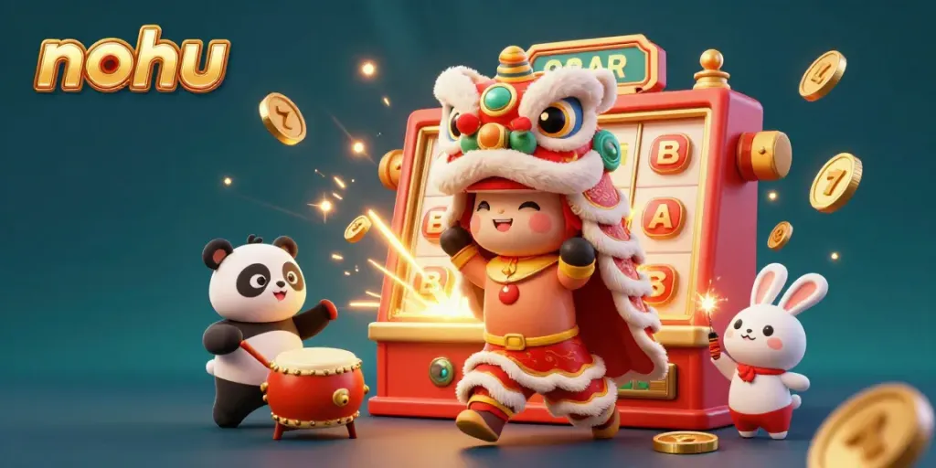 Nohu captures the excitement of jackpot wins with vibrant characters and a bursting slot machine.