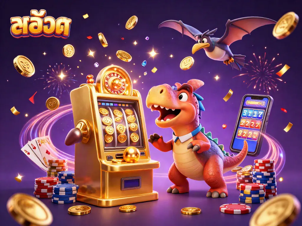 Catch the excitement of สล็อต with a dynamic casino scene featuring dinosaurs and cascading coins.