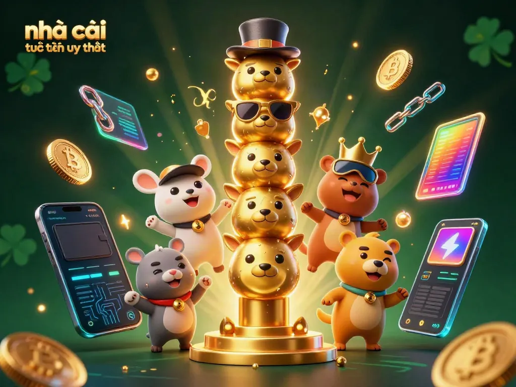Engage with nhà cái trực tuyến uy tín through a vibrant 3D illustration filled with casino and cryptocurrency elements.