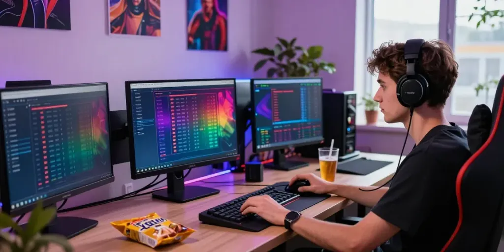 Engaged gamer focusing on togel results at a modern computer desk.