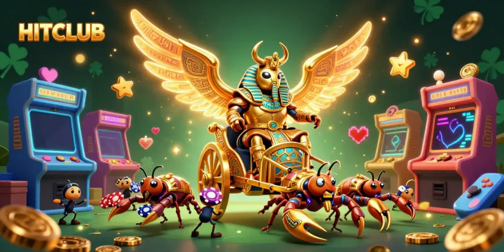 Engage with HITCLUB's immersive gaming world featuring a golden scarab beetle and vibrant arcade machines.