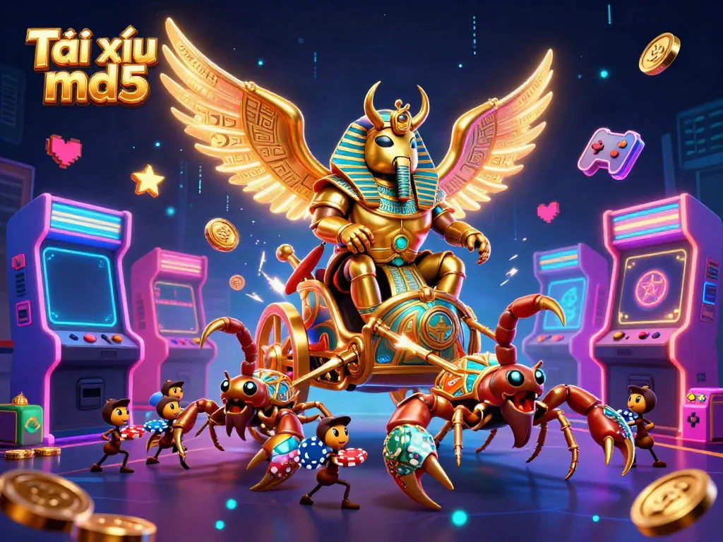 Engage with Tài xỉu md5 in a vibrant 3D scene with a golden scarab, scorpions, and ant soldiers celebrating a casino victory.