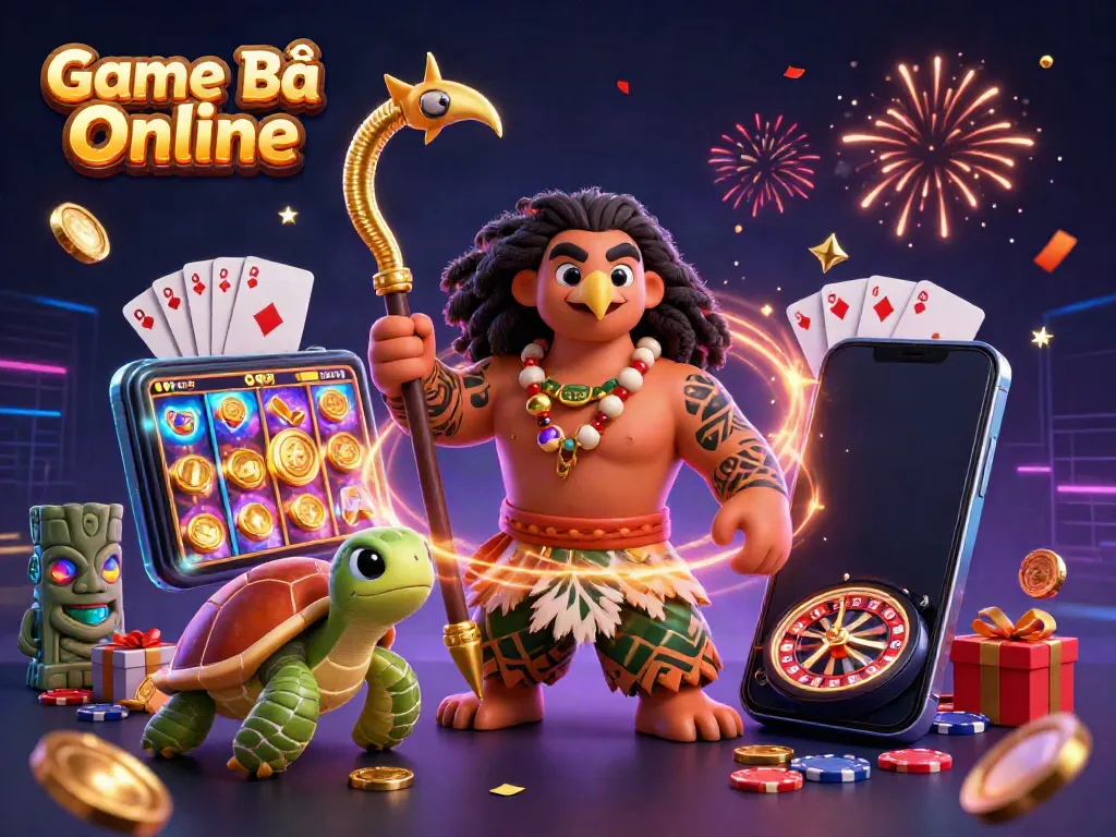 Experience the excitement with "Game Bài Online" in this vibrant 3D casino scene featuring dynamic characters and themed game elements.