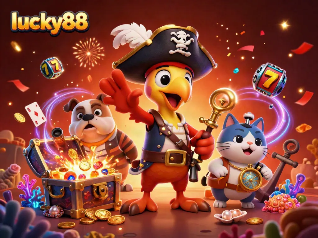 Experience thrilling gameplay with lucky88 as playful pirate characters navigate vibrant casino elements.