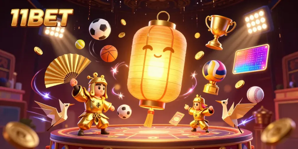 Experience the vibrant energy of the 11BET casino with golden lanterns, spirited warriors, and thrilling sports action.