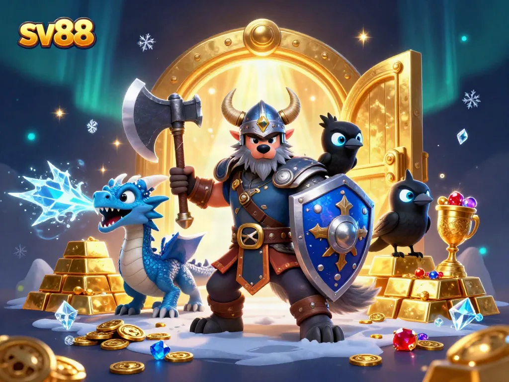 Engage players with sv88's thrilling gaming experience featuring a Viking warrior, dragon, and treasures.