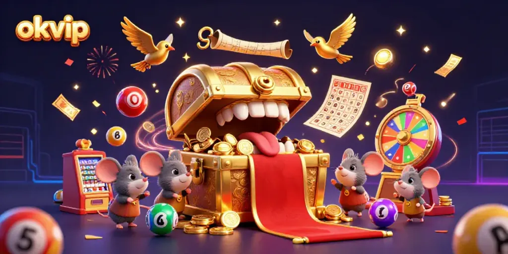 Explore the engaging scene of okvip with a golden treasure chest, adventure, and vibrant casino elements.
