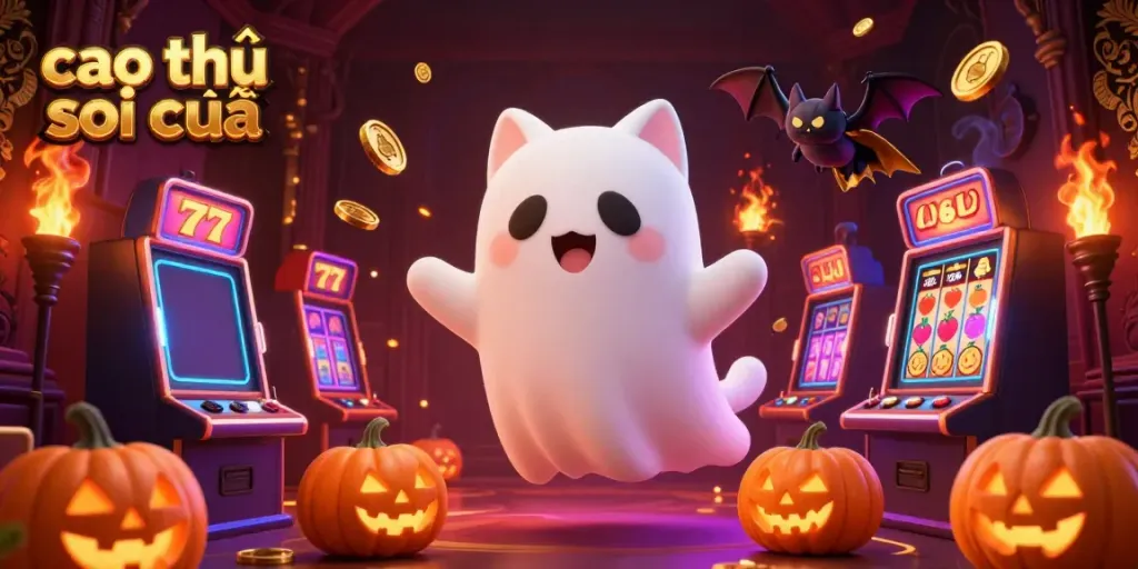 Cao thủ soi cầu showcases a ghost cat in a haunted casino mansion with colorful slot machines.