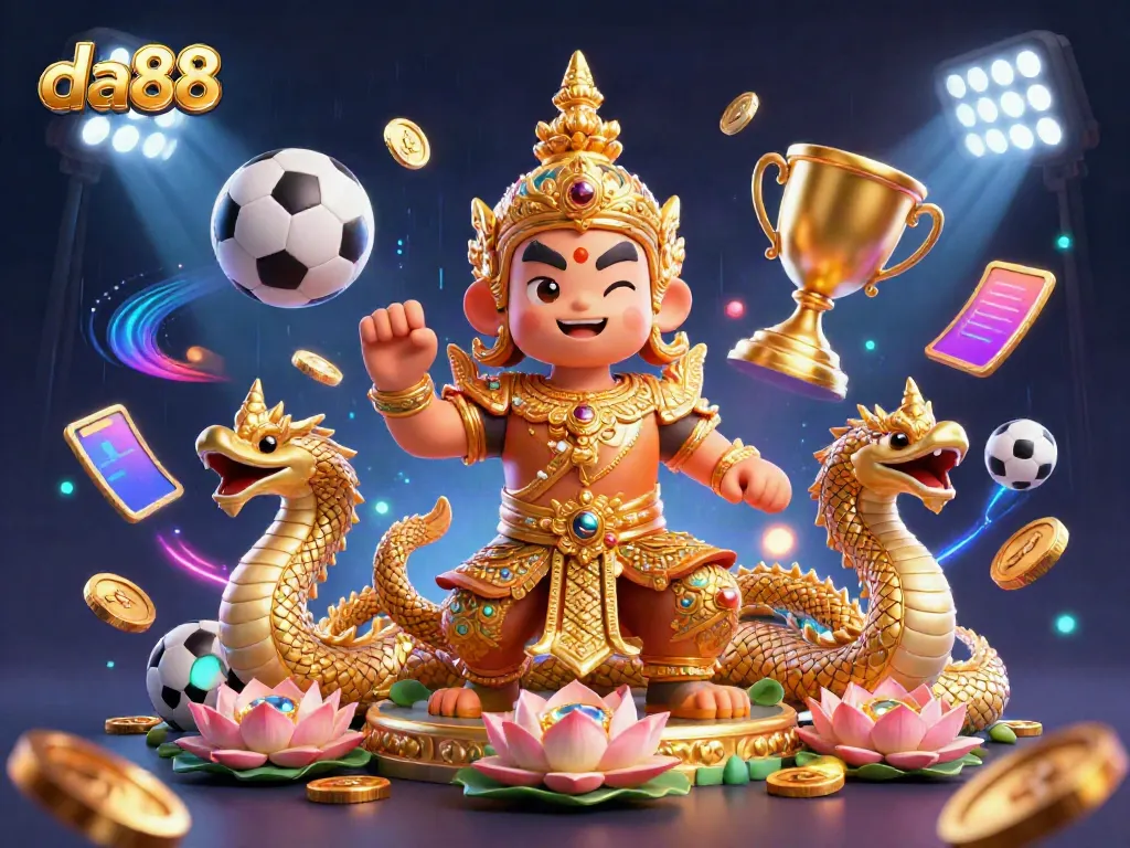 Experience thrilling gaming at da88 with vibrant 3D illustrations of Thai guardians and sports elements.