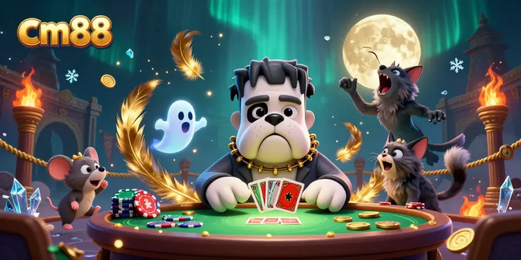 Engage in thrilling gaming action with cm88 at a haunted casino table featuring a cartoon bulldog dealer.