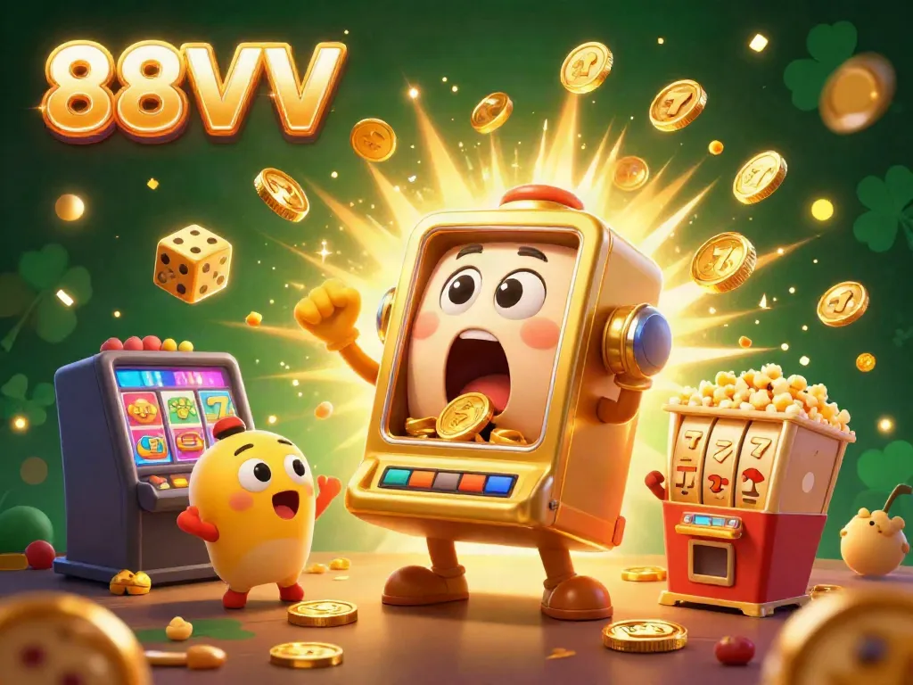 Experience the excitement of 88VV with a golden slot machine hitting a jackpot, surrounded by cheering characters and festive elements.