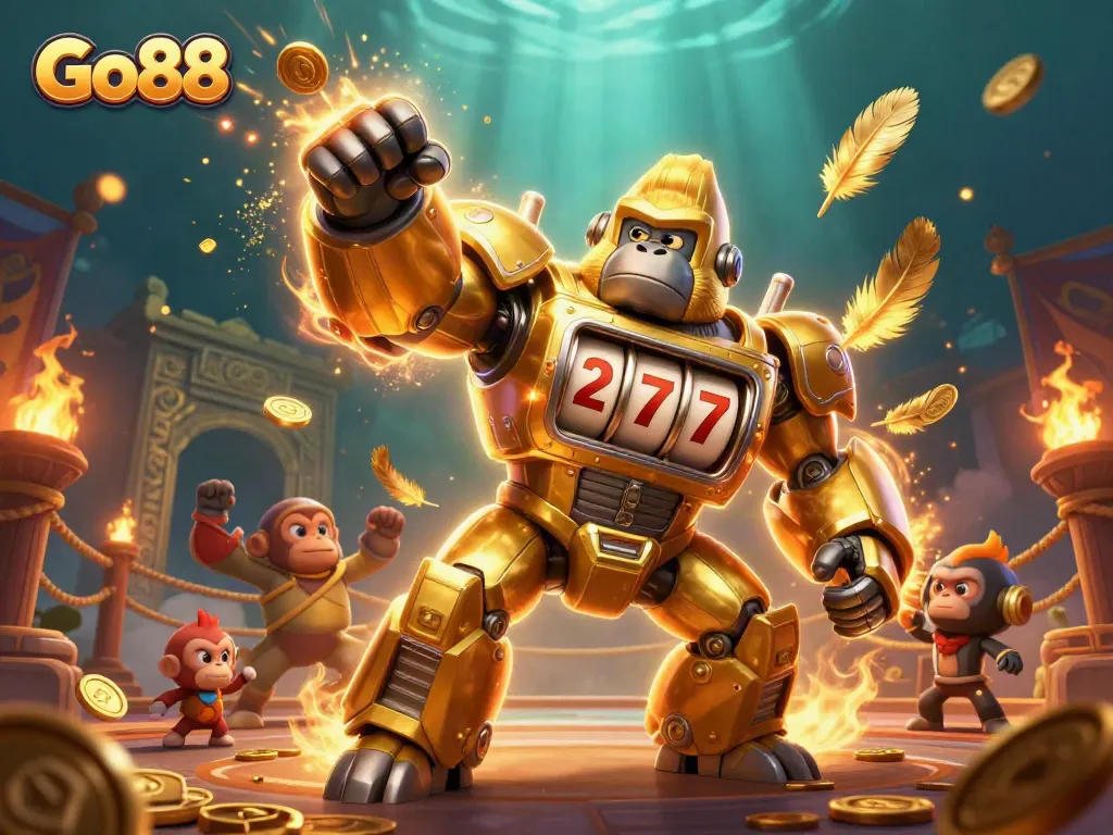 Experience the excitement of Go88 with a dynamic casino-themed illustration featuring a golden mech.