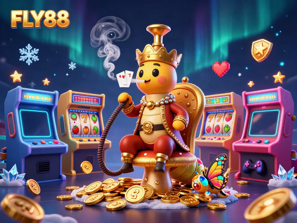 FLY88 gaming experience with vibrant slot reels, a whimsical caterpillar master, and dazzling coins.