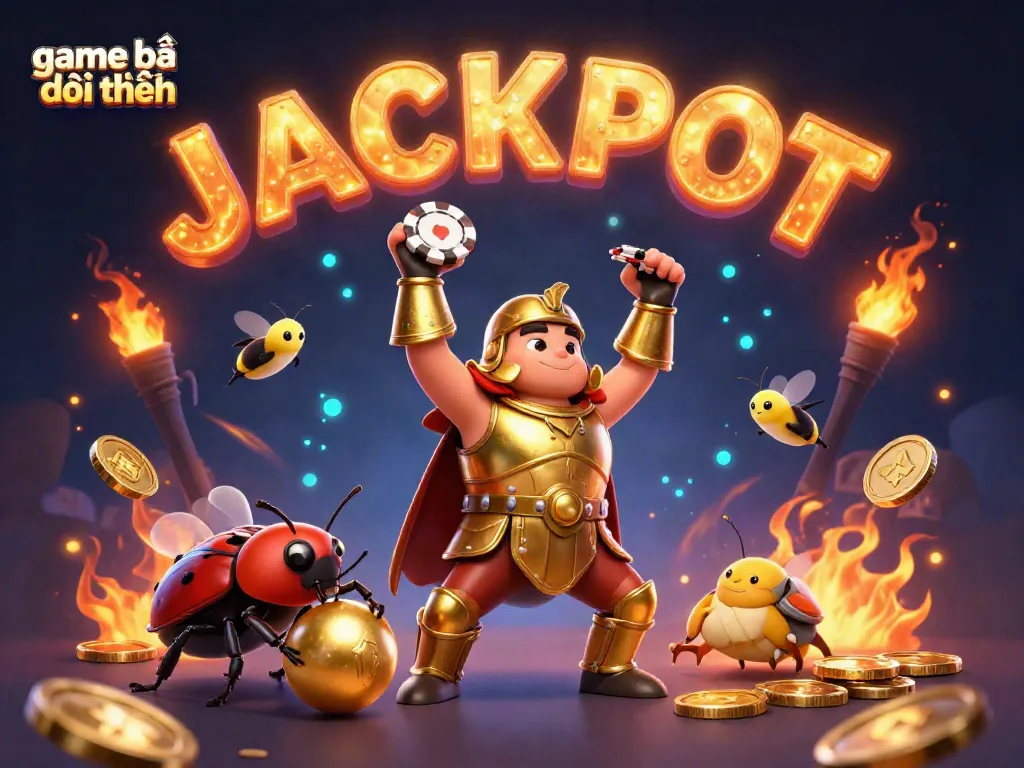 Win big with game bài đổi thưởng featuring a victorious beetle lifting poker chip, surrounded by vibrant casino elements.