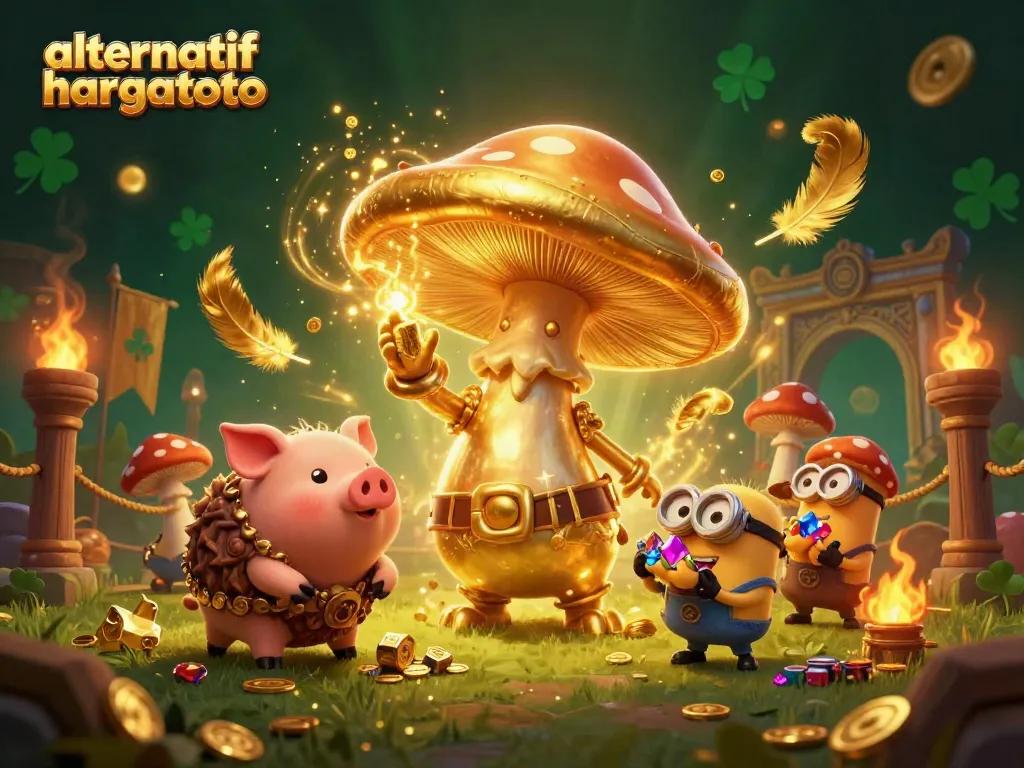 Experience the magic of alternatif hargatoto in a vibrant 3D casino fantasy scene filled with treasures.