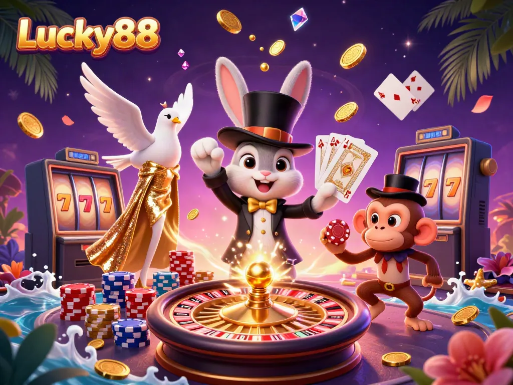 Experience thrilling gameplay with Lucky88, featuring a magician rabbit, coins, and casino elements.
