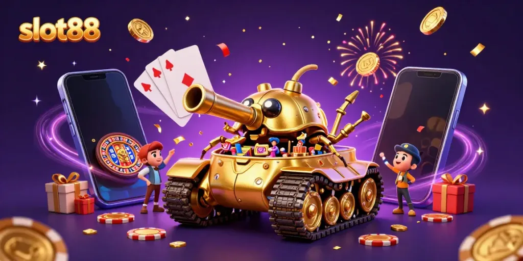 Slot88 tampil menawan dengan tampilan slot judi yang meriah dan karakter utama berbentuk tank.