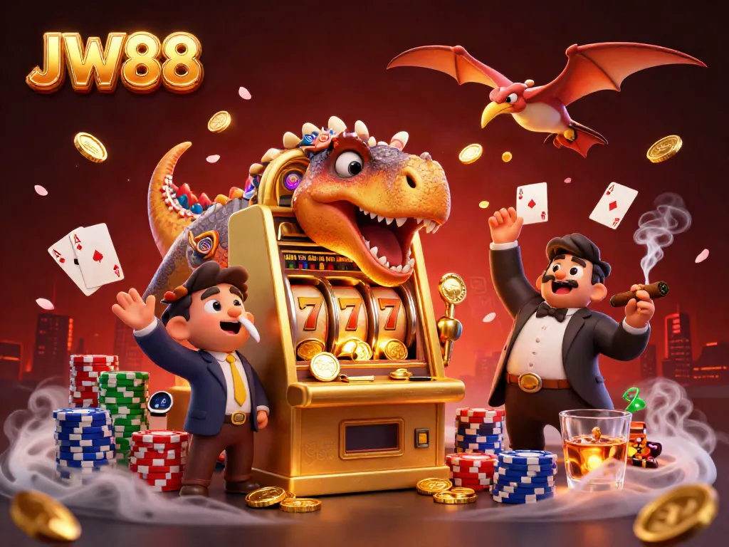 JW88 pachycephalosaurus headbutting slot machine, showcasing vibrant casino elements and golden coins.