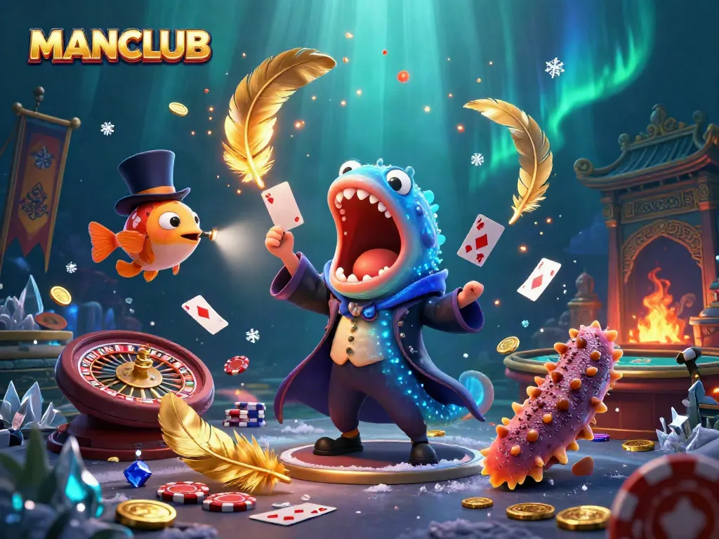 Engage with MANCLUB's thrilling casino world featuring dynamic card tricks and vibrant poker elements.