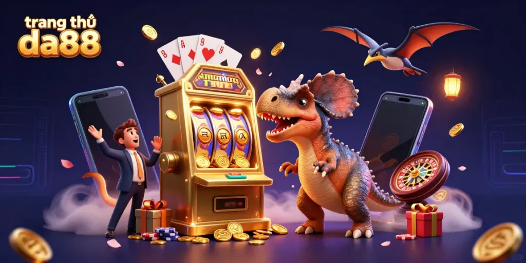Experience the excitement of trang chủ da88 as a pachycephalosaurus wins jackpots, surrounded by colorful casino elements.
