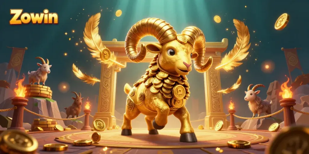 Zowin showcases thrilling casino gameplay with a dynamic 3D golden ram, enticing players with excitement.