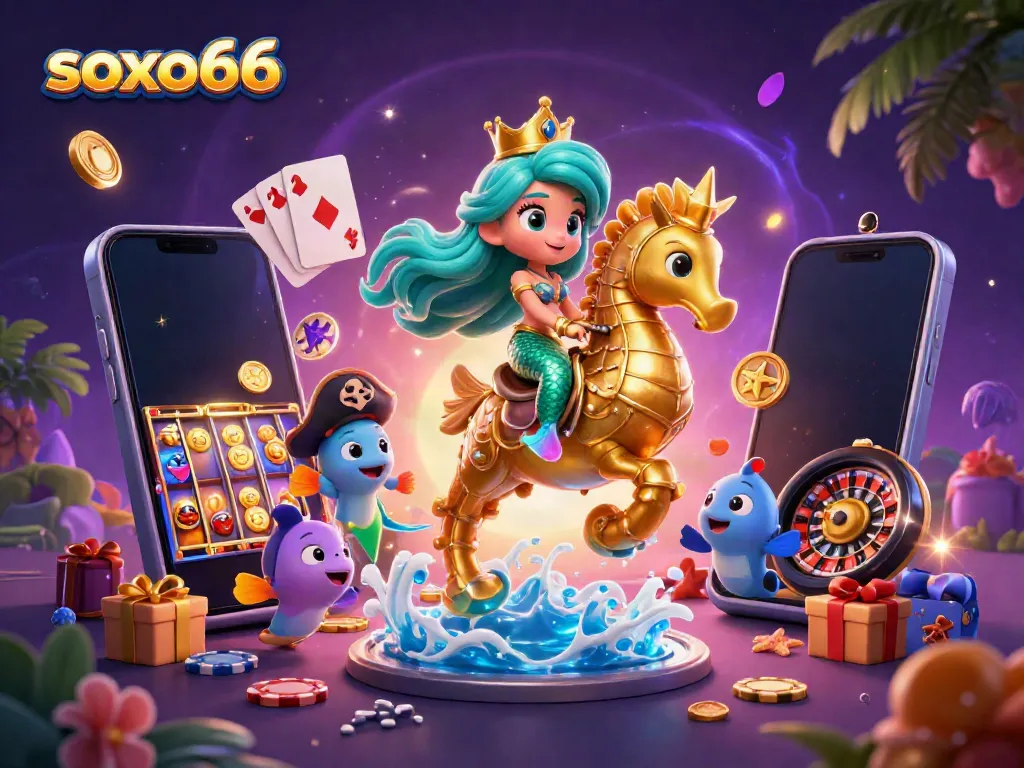 Engage with soxo66 in a colorful casino world featuring a mermaid princess and gold coins.