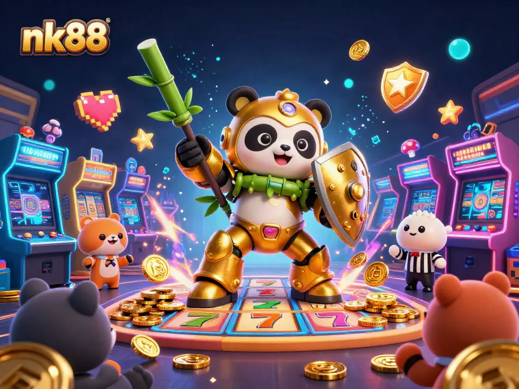 nk88 unleashes excitement with vibrant slot machines and a golden panda pilot in a lively casino arena.