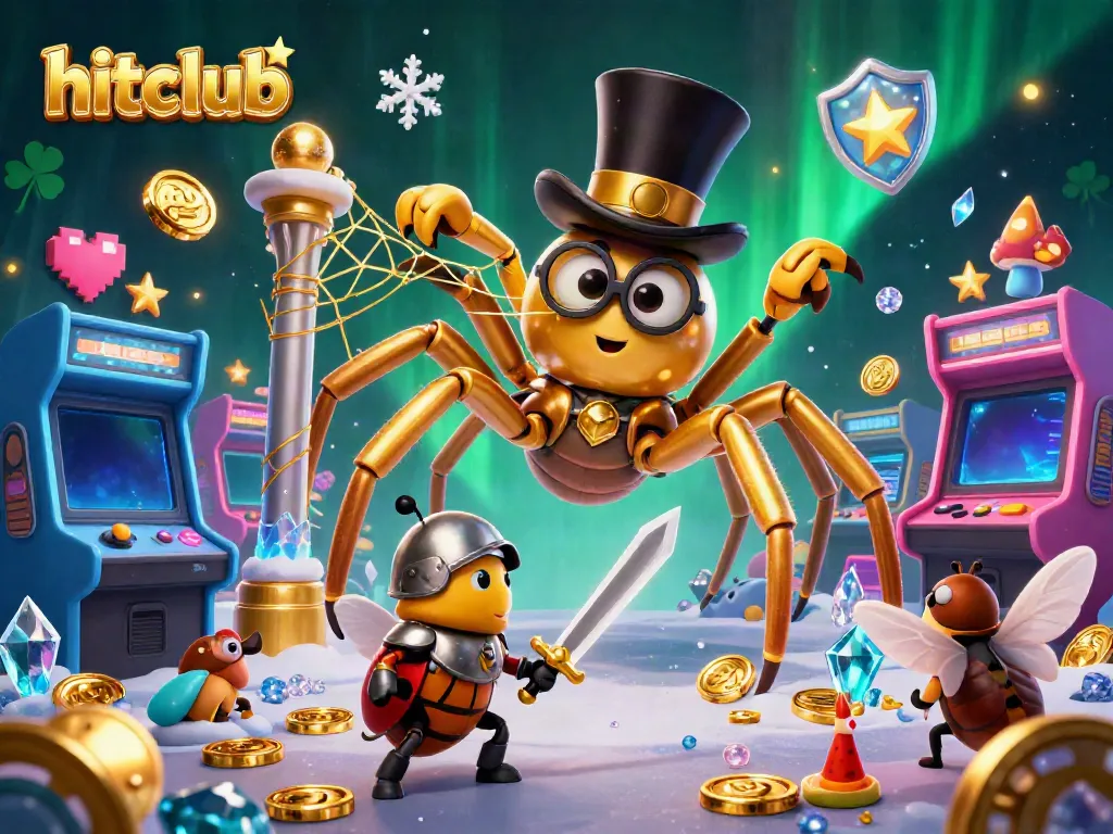 The hitclub scene showcases a vibrant battle between characters, featuring a giant golden tarantula and a courageous beetle knight in a casino setting.