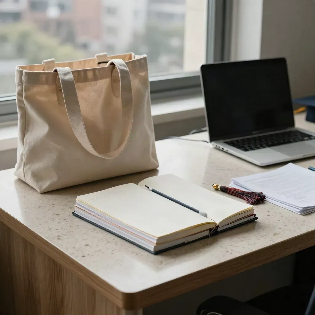 Torebka na uczelnię, notebooki i zamknięty laptop na jasnym biurku przy oknie miasta
